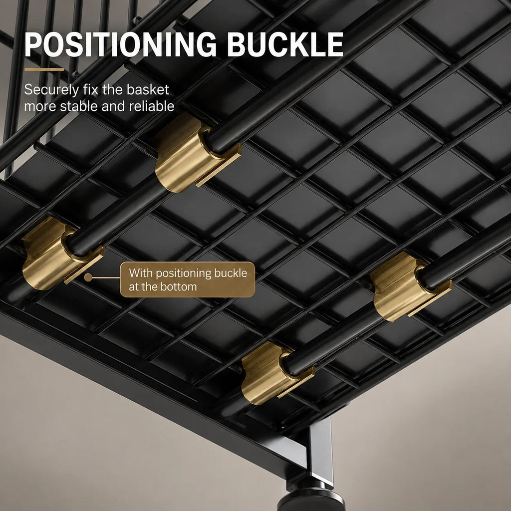 Black metal basket with gold positioning buckles for secure, stable placement
