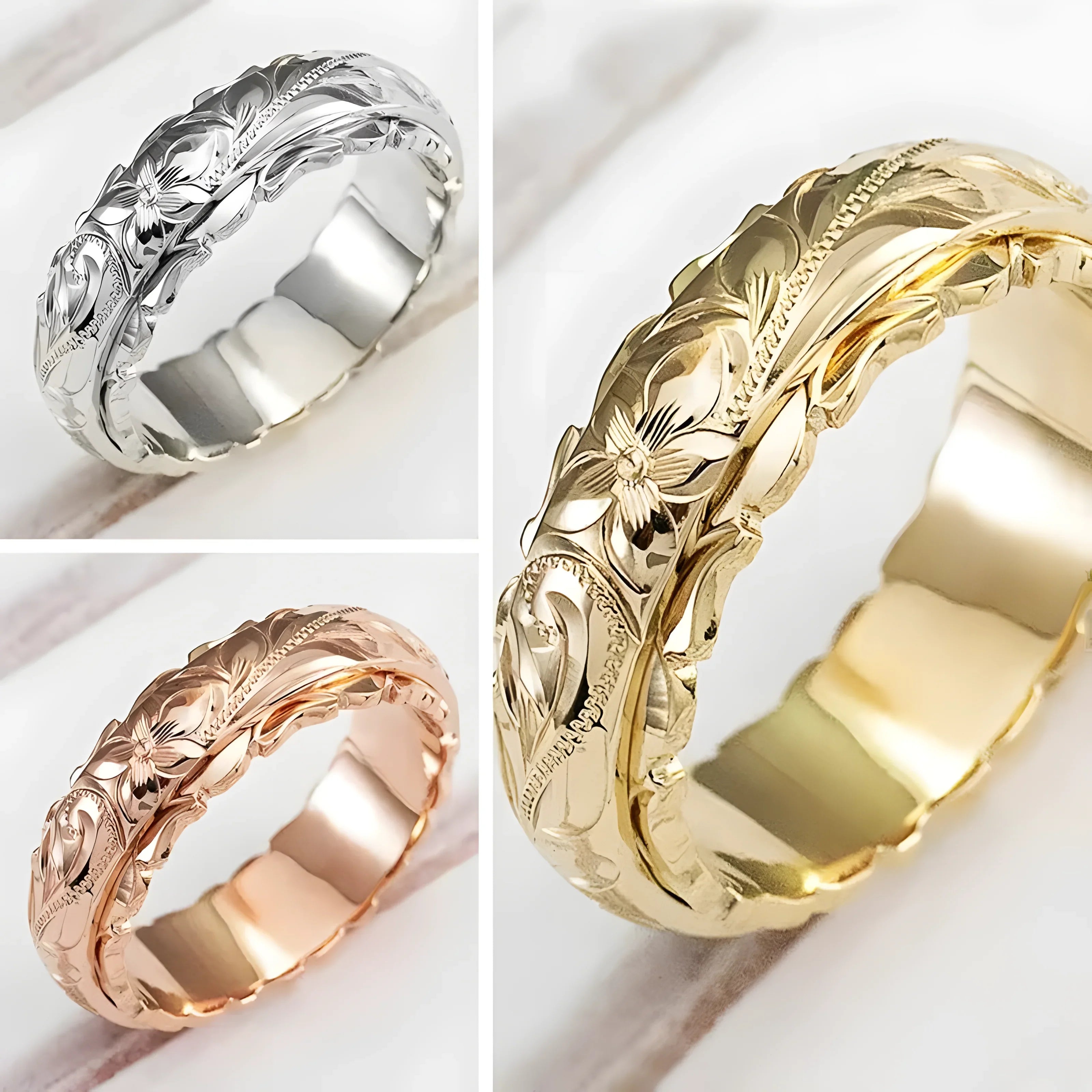 Floral engraved wedding band in gold, silver, and rose gold, minimalist design for everyday elegance