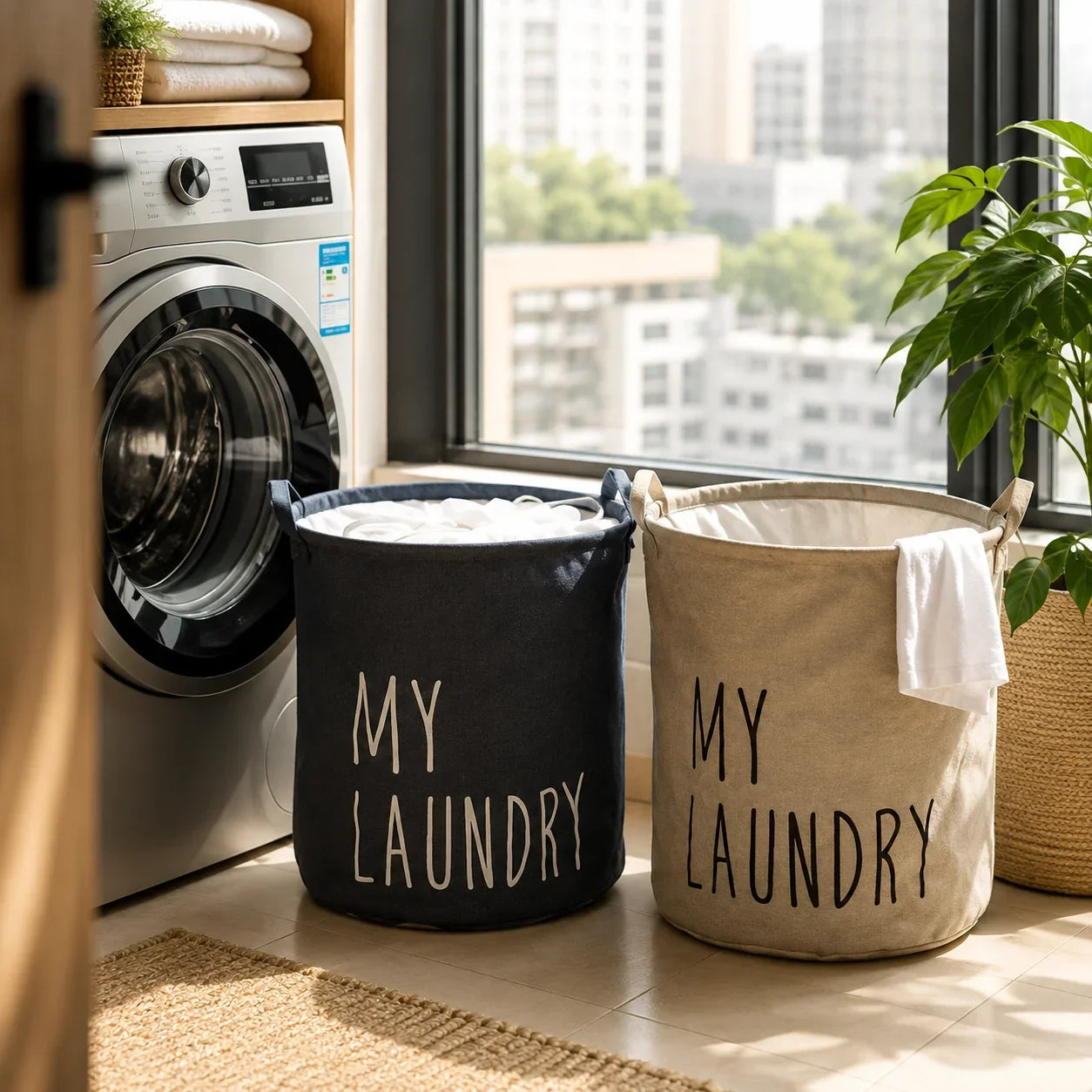 Two fabric laundry hampers, one navy blue and one beige, with 'MY LAUNDRY' text next to a washing machine.