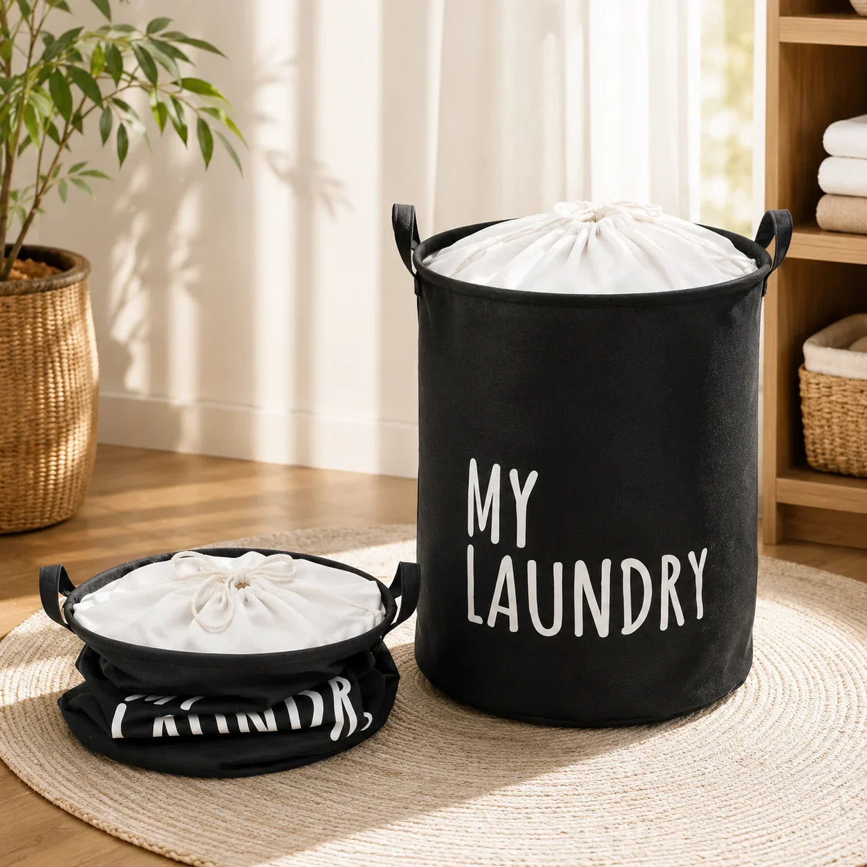 Two black fabric laundry hampers with white 'MY LAUNDRY' text and white liners on a woven rug.