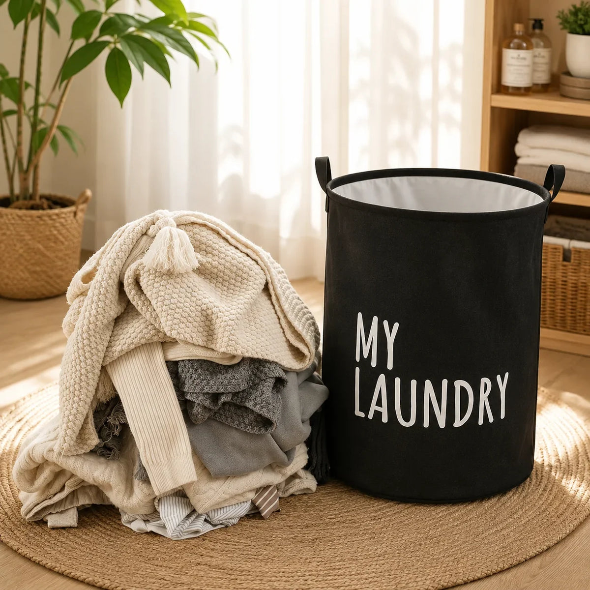 Black fabric laundry hamper with 'MY LAUNDRY' text next to a pile of folded clothes on a jute rug.