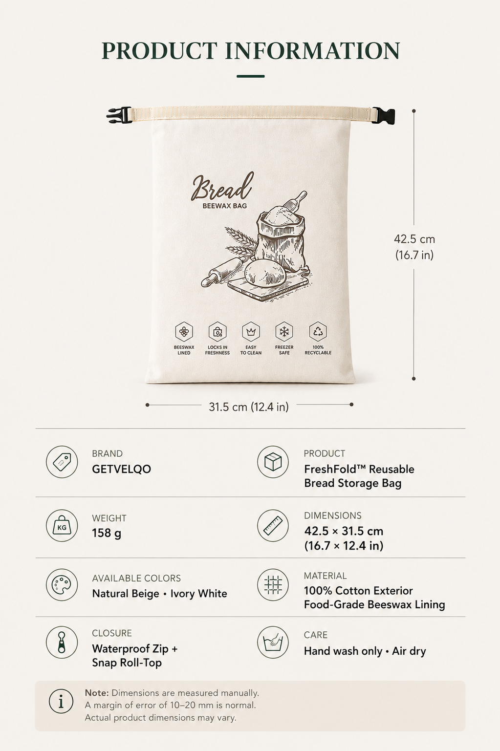 Beeswax-lined cotton bread storage bag with waterproof zip and snap roll-top closure