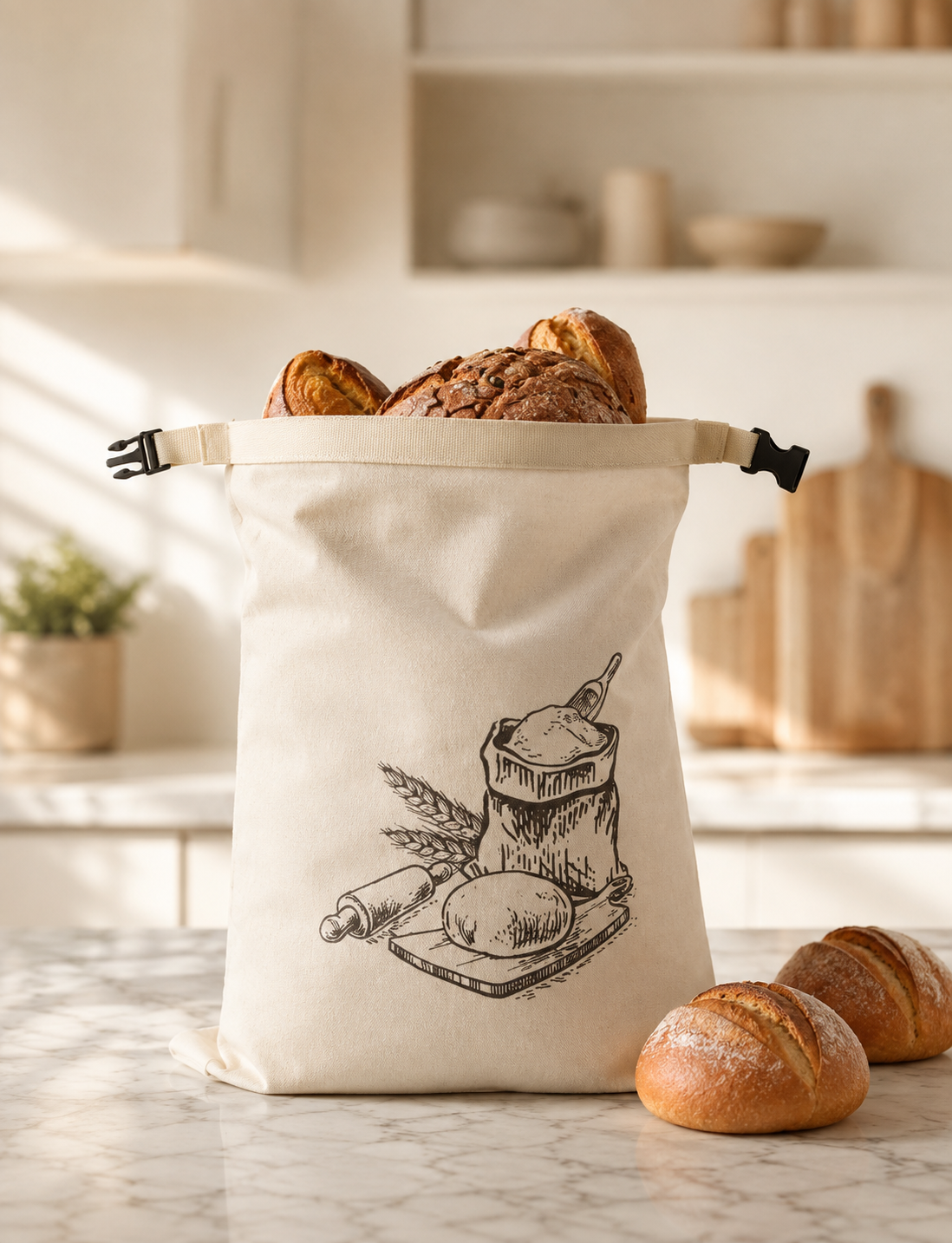 Beige canvas bread bag with bakery print, holding fresh loaves on marble kitchen counter