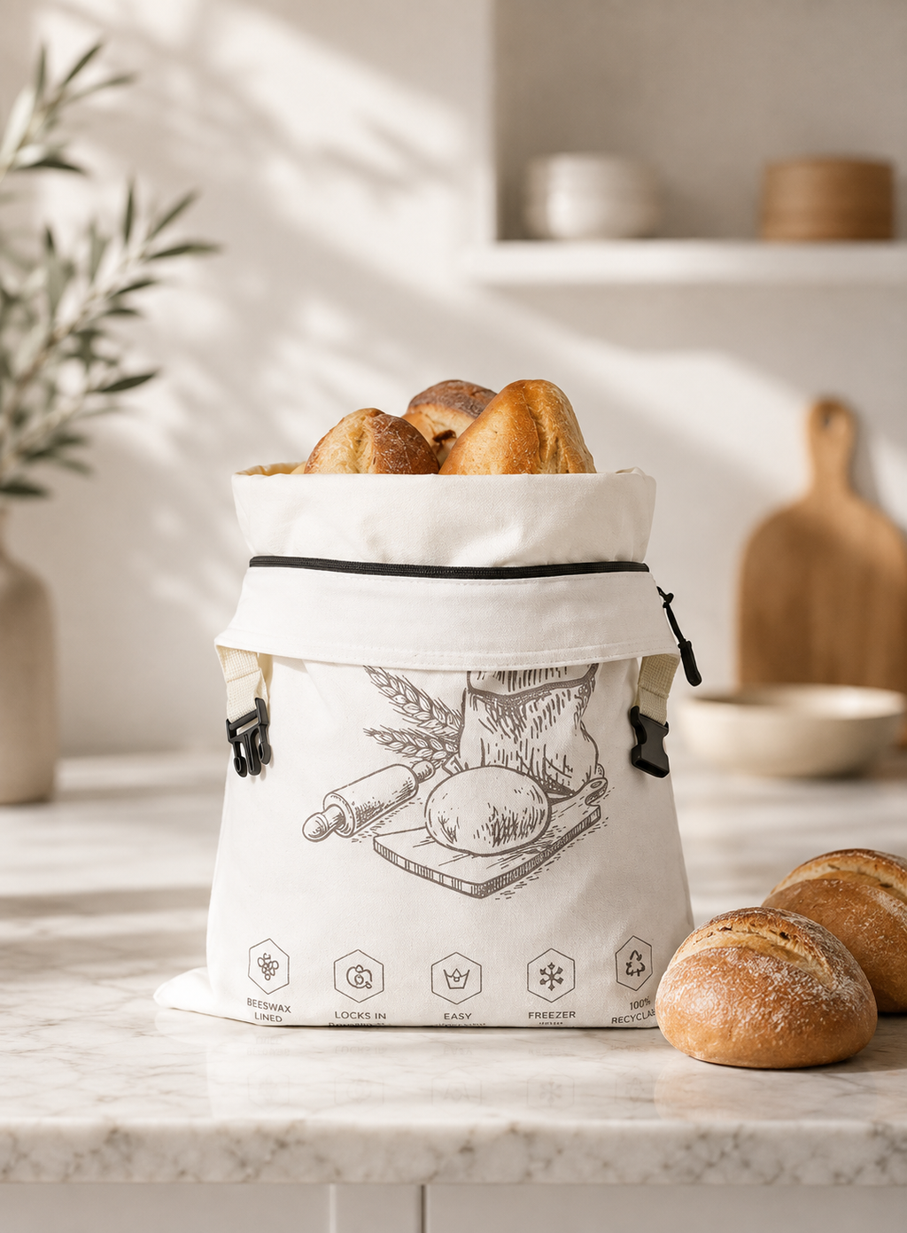 Beeswax-lined canvas bread bag with drawstring closure, holding fresh loaves on marble kitchen counter