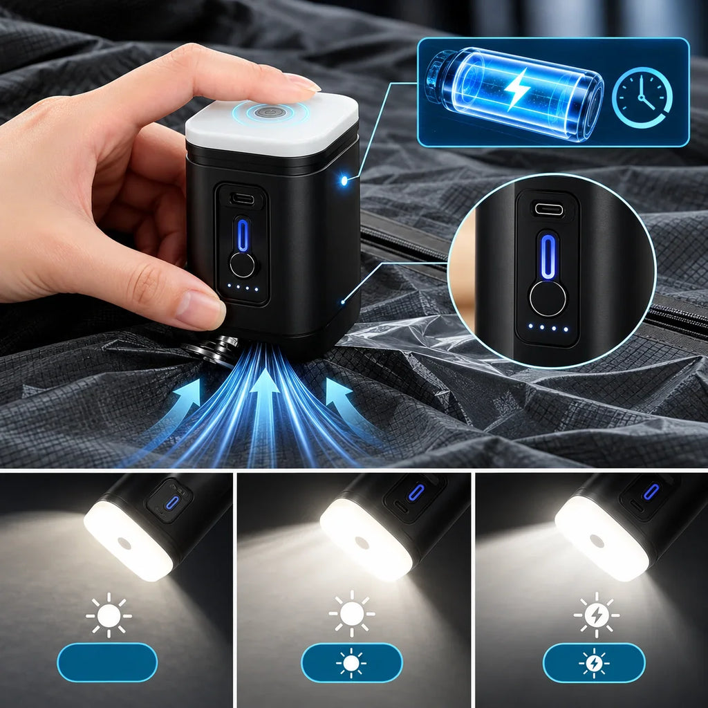 Black GetVelqo electric vacuum pump for travel compression bags with LED light and USB charging.