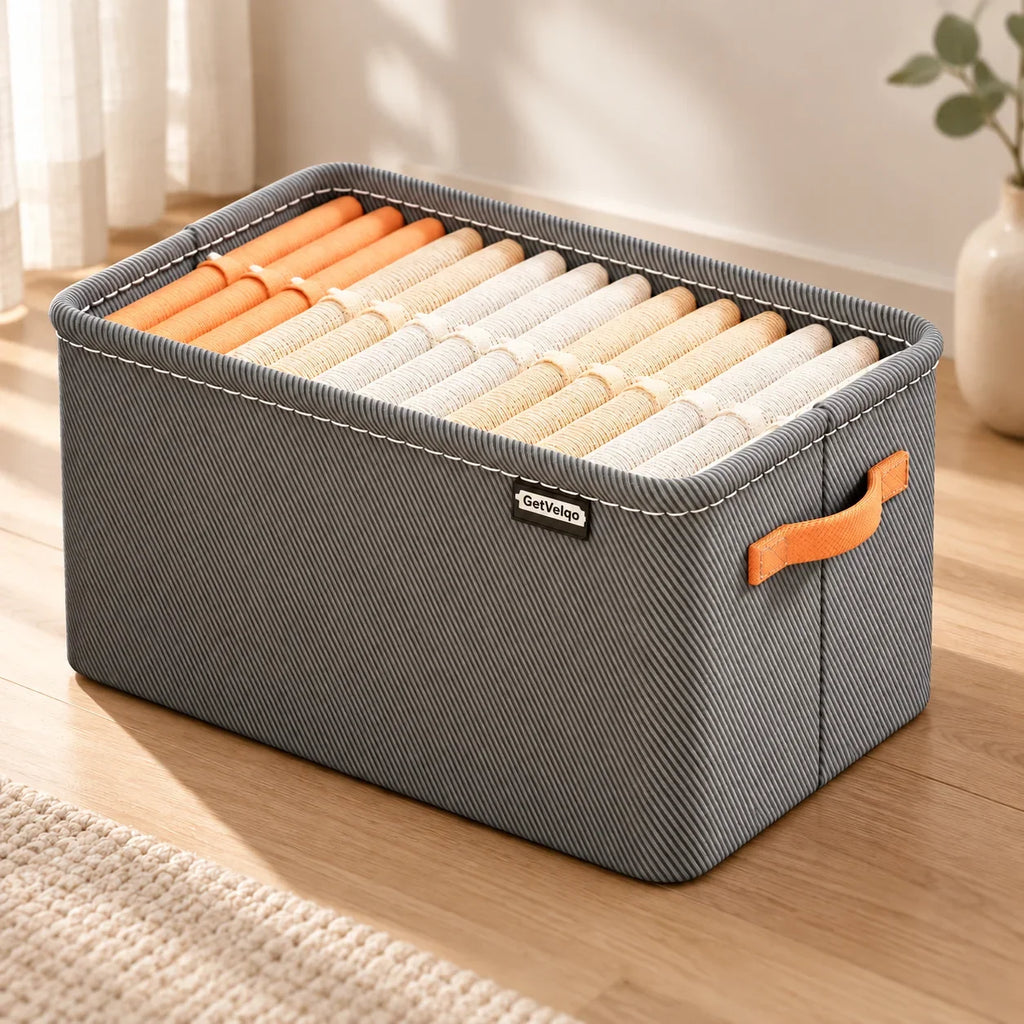 Grey GetVelqo FoldEase fabric storage organizer filled with rolled towels on a wooden floor.