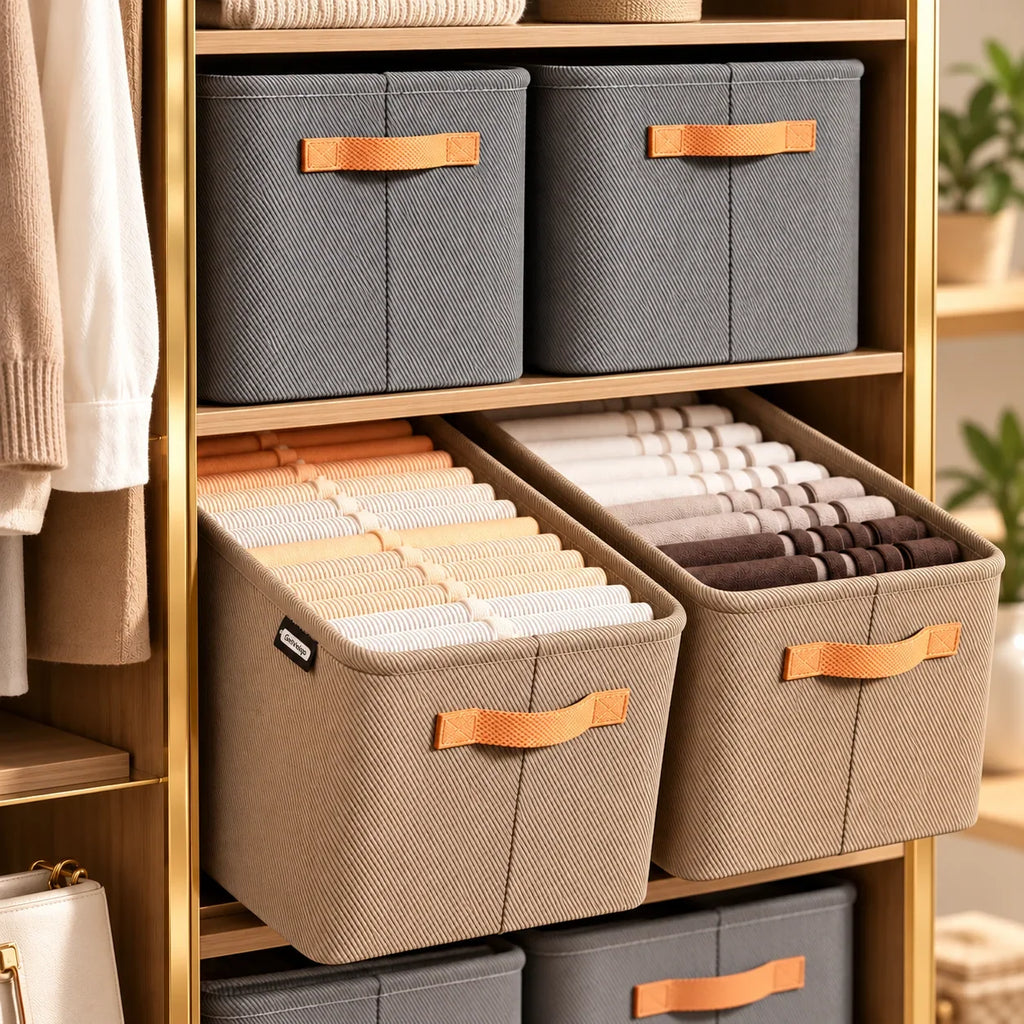 GetVelqo FoldEase fabric closet storage bins in grey and beige organizing folded clothes on a shelf.