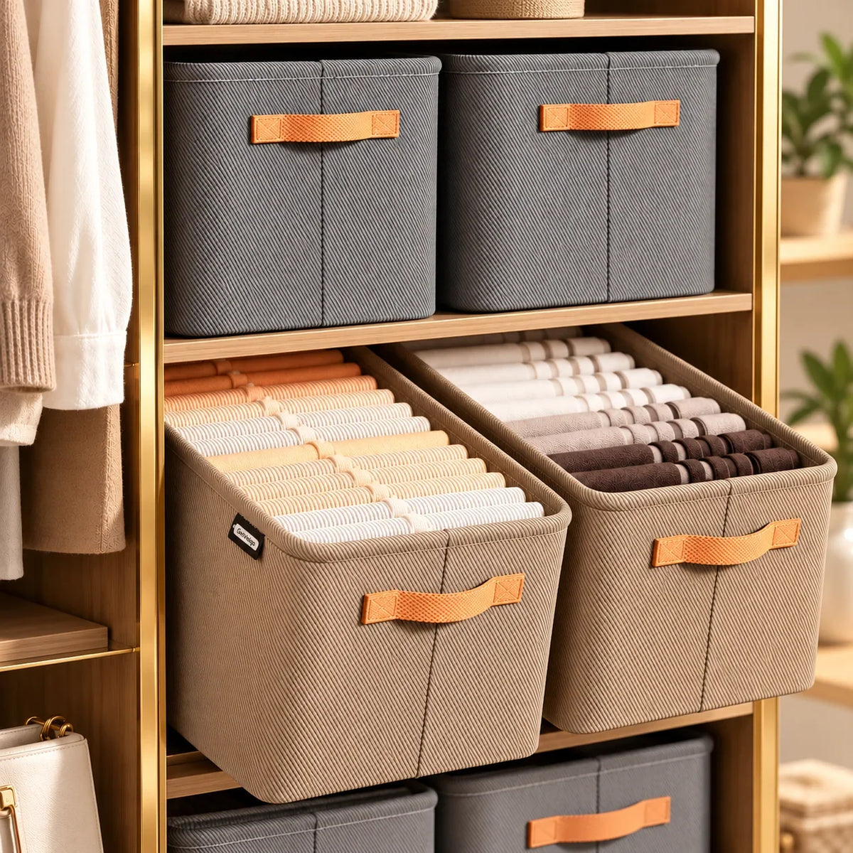 GetVelqo FoldEase fabric closet storage bins in grey and beige organizing folded clothes on a shelf.