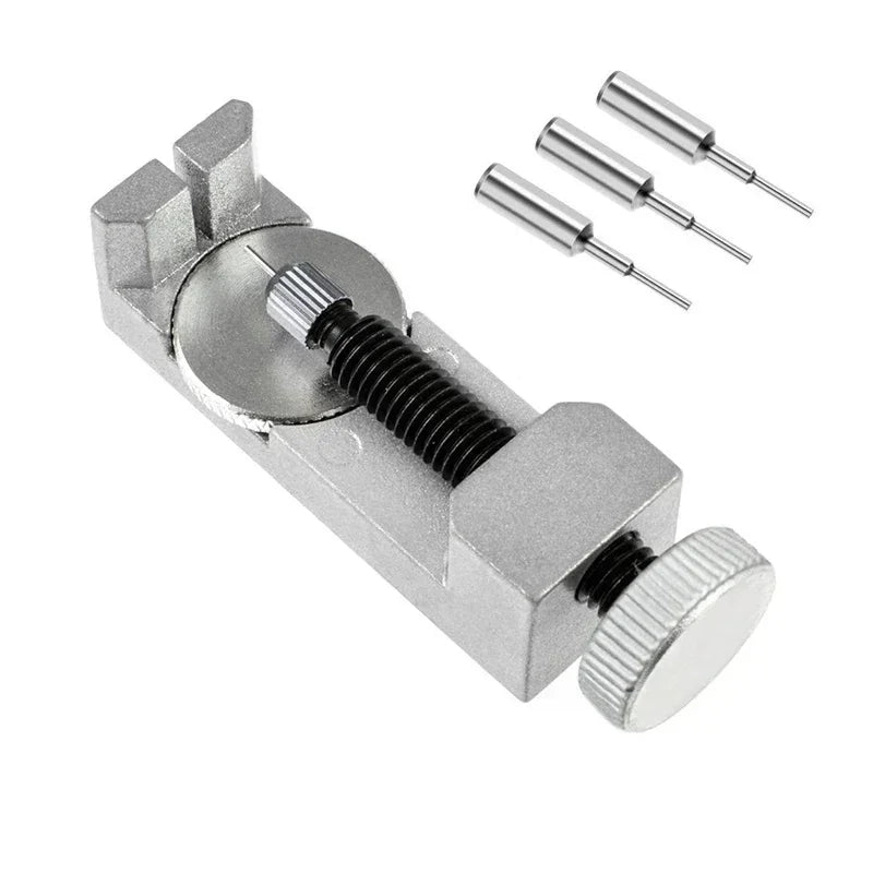 Silver metal band strap link pin remover tool with three steel replacement pins for jewelry repair