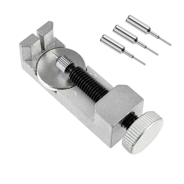 Silver metal band strap link pin remover tool with three steel replacement pins for jewelry repair