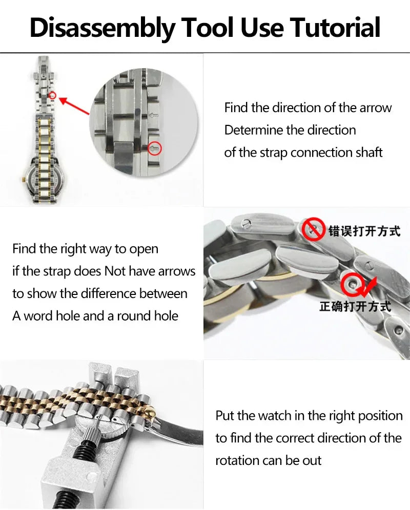 Silver and gold metal watch band with link pin remover tool, disassembly guide, stainless steel style.