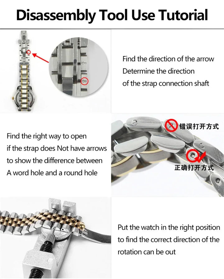 Silver and gold metal watch band with link pin remover tool, disassembly guide, stainless steel style.