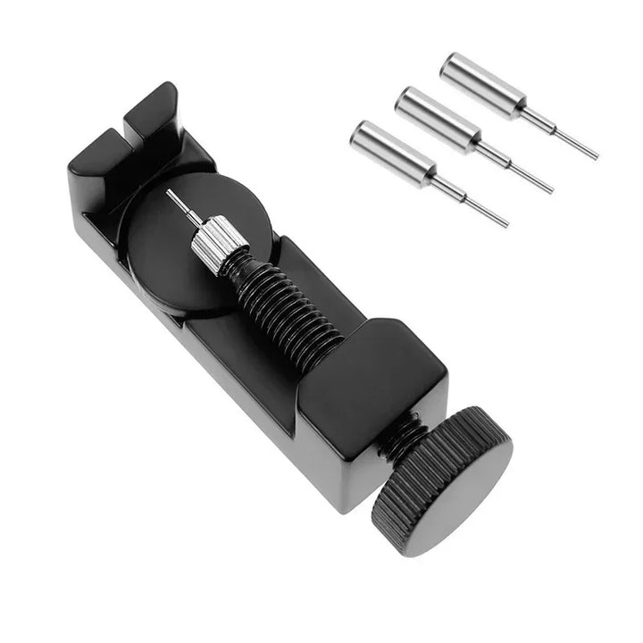 Band strap link pin remover tool with three silver metal pins, black minimal style.