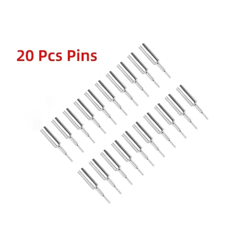 Silver stainless steel strap link pin remover set for watch band adjustment, 20 pieces