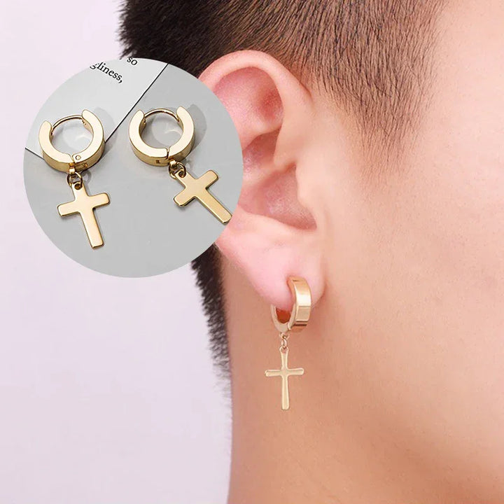 Gold stainless steel cross hoop earrings, minimal style, shown on ear and close-up view