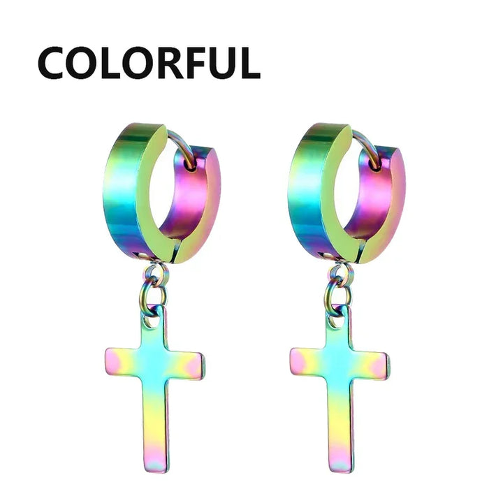 Colorful stainless steel cross hoop earrings, rainbow finish, modern minimal jewelry style