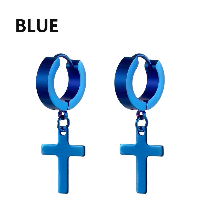 Blue stainless steel cross hoop earrings, minimal modern style, polished finish