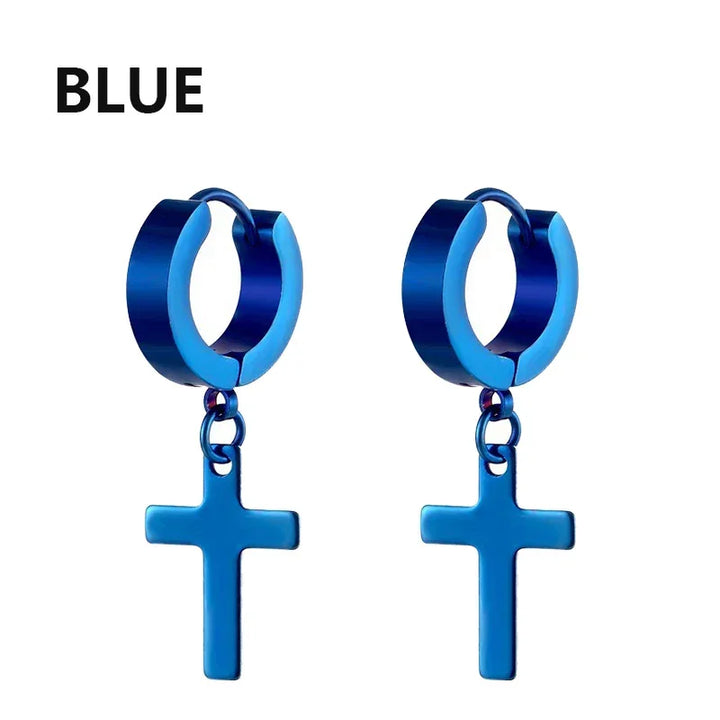 Blue stainless steel cross hoop earrings, minimal modern style, polished finish
