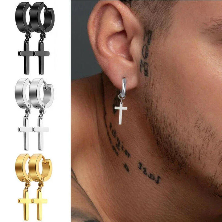Men's cross hoop earrings in black, silver, and gold stainless steel, minimalist style