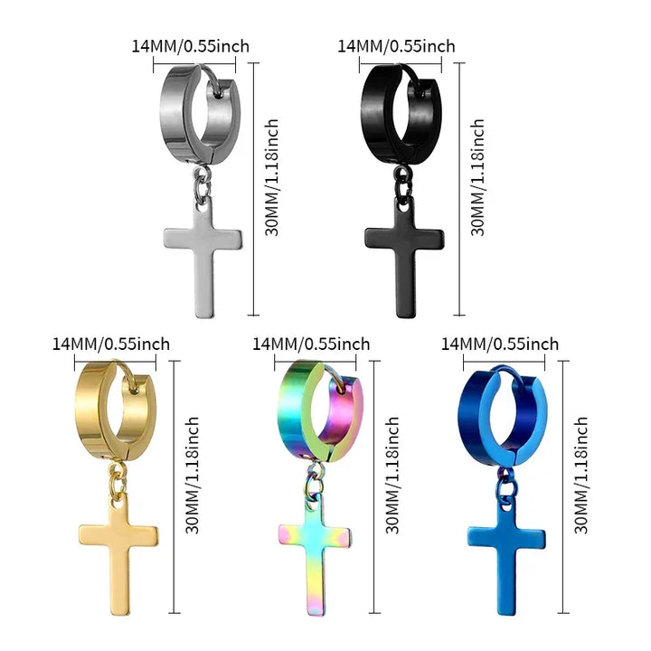 Stainless steel cross hoop earrings in silver, black, gold, rainbow, and blue, minimal style, 14mm x 30mm.