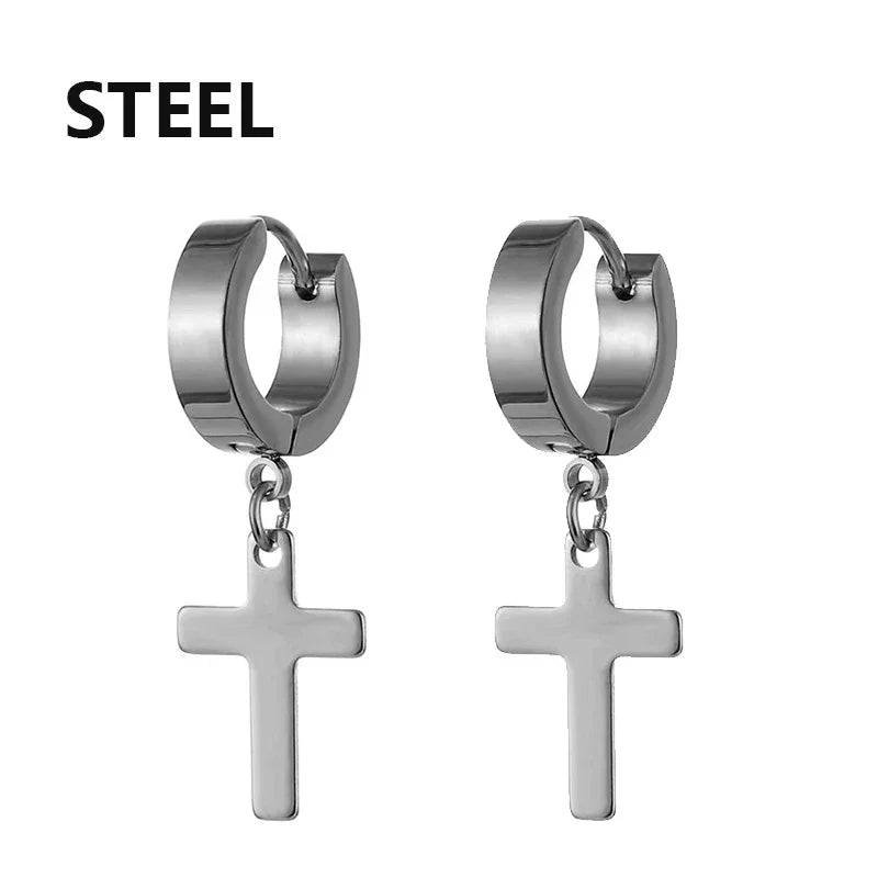 Stainless steel cross hoop earrings, silver color, minimal modern style jewelry.
