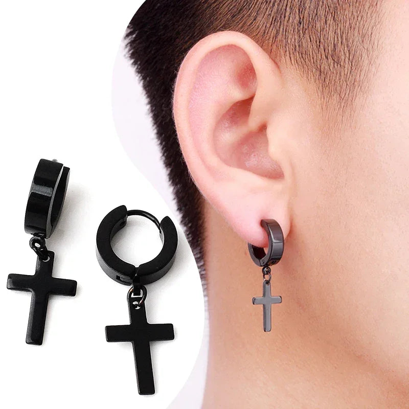 Black stainless steel cross hoop earrings, minimalist style, shown on ear and displayed separately.