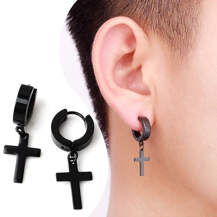 Black stainless steel cross hoop earrings, minimalist style, shown on ear and displayed separately.