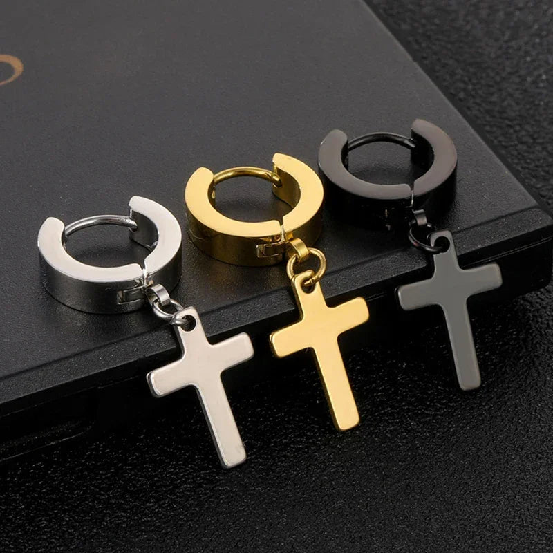Stainless steel cross hoop earrings in silver, gold, and black minimalist style on black background