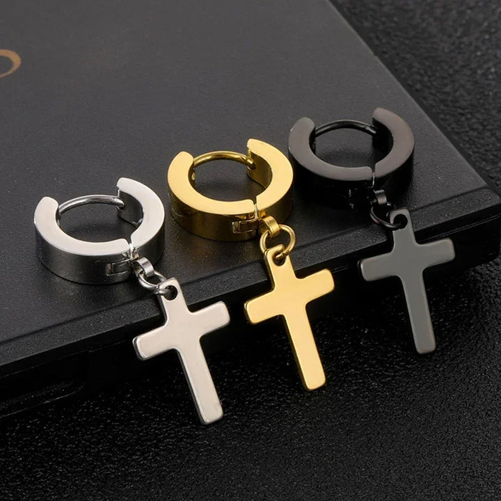 Stainless steel cross hoop earrings in silver, gold, and black minimalist style on black background