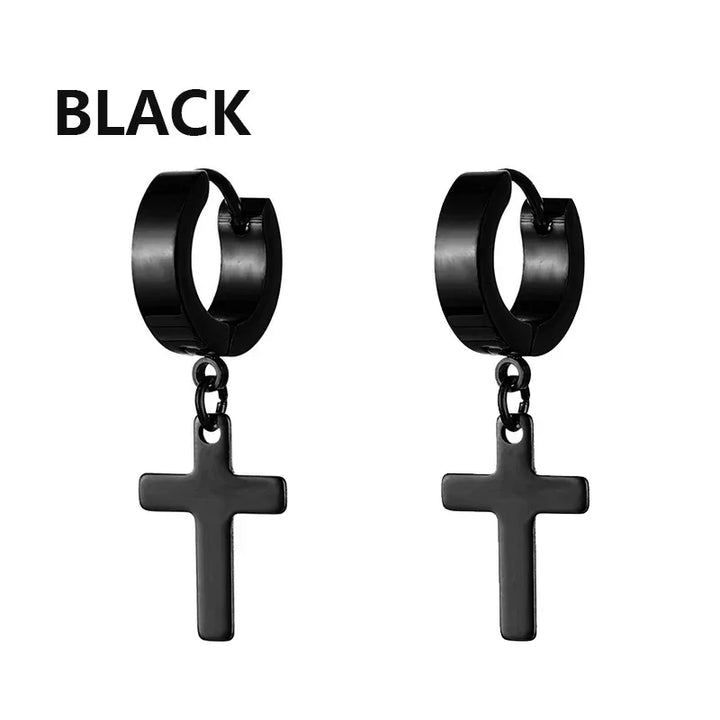 Black stainless steel cross hoop earrings, modern minimalist jewelry style.