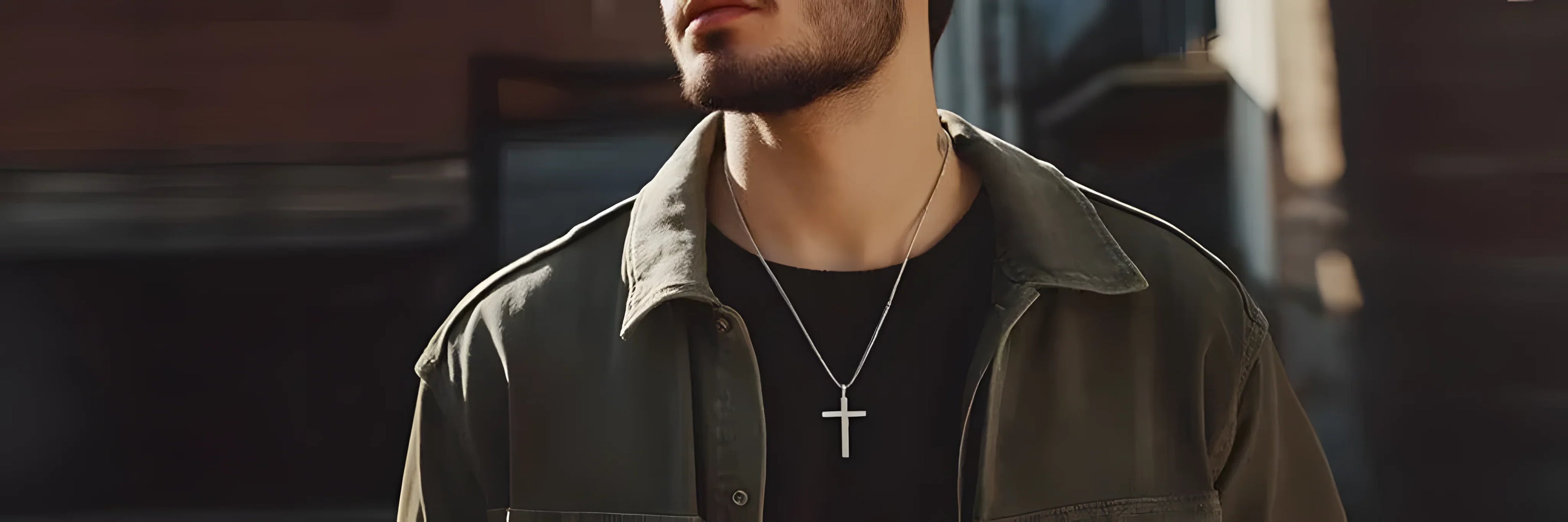 Minimal silver cross pendant necklace, polished metal, modern jewelry style for men