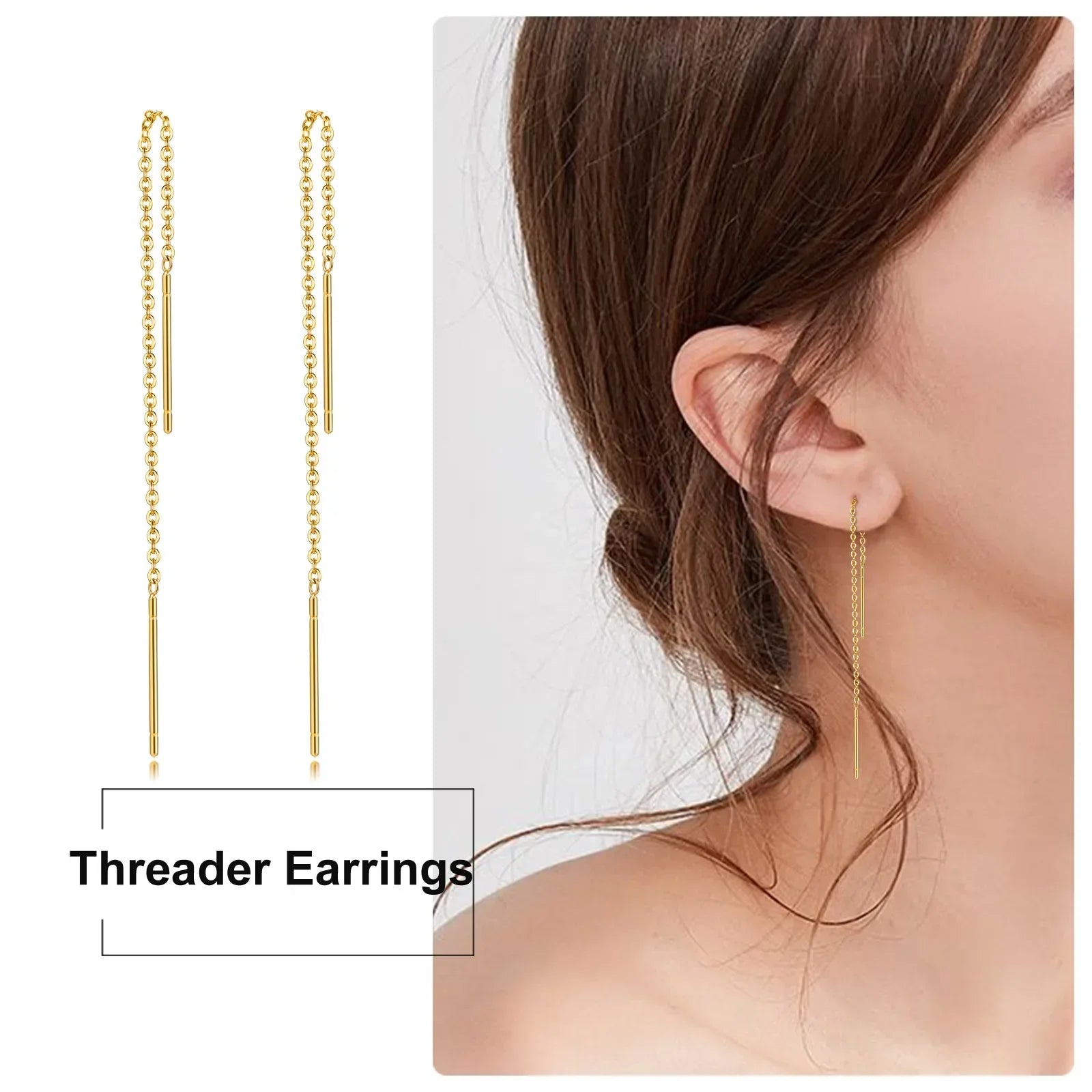 Gold threader earrings with chain and bar design, minimalist style for everyday wear