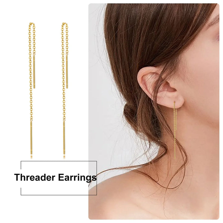 Gold threader earrings with chain and bar design, minimalist style for everyday wear