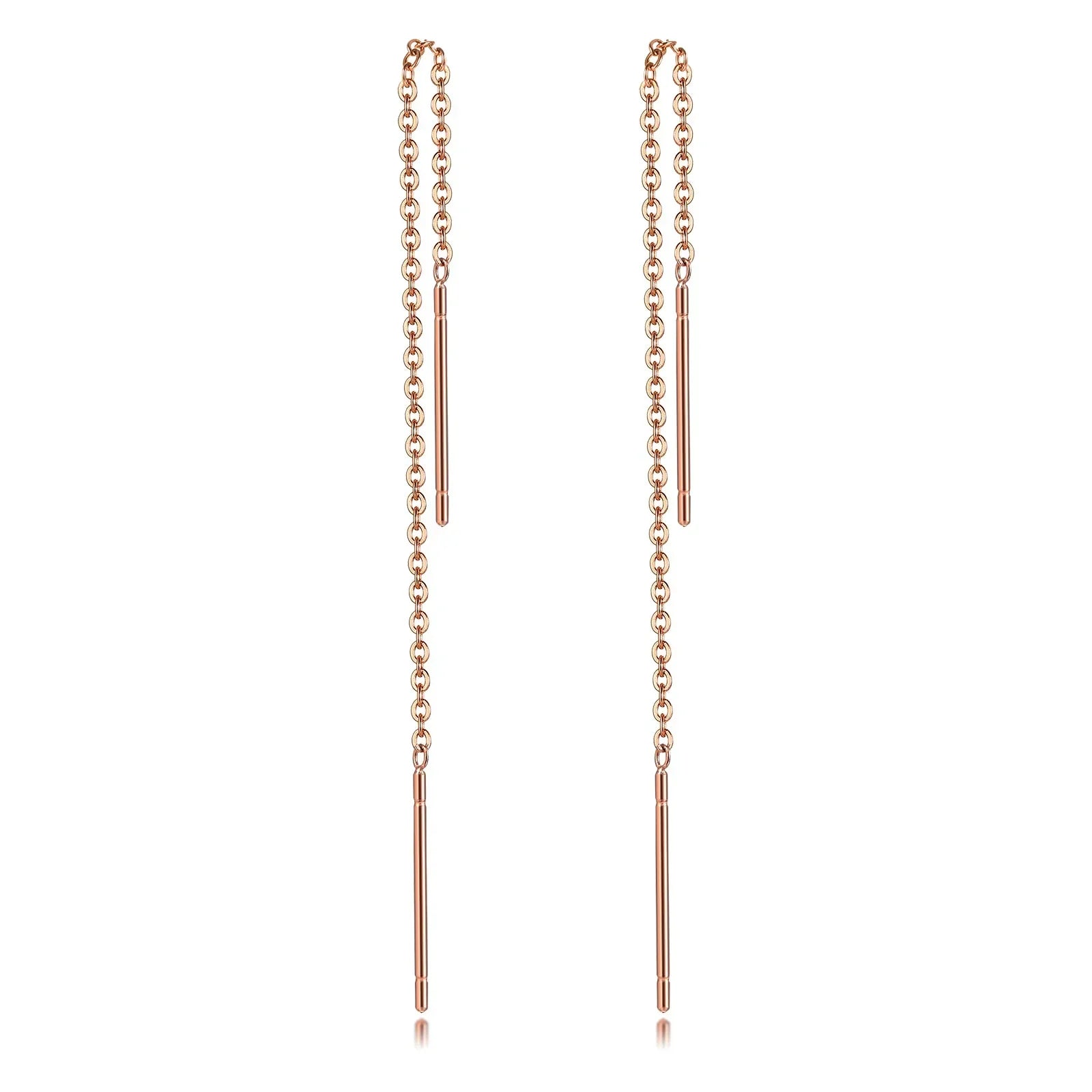 Rose gold threader earrings with minimalist chain and bar design, elegant everyday jewelry