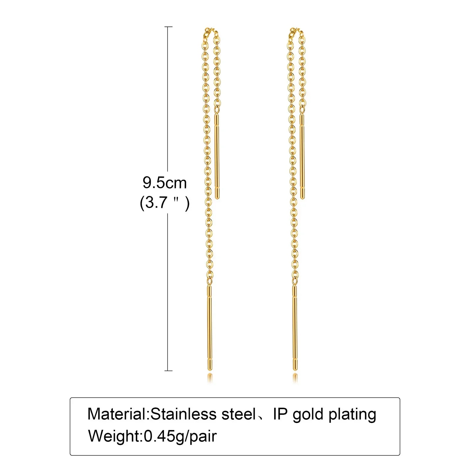 Gold-plated stainless steel drop earrings, 9.5cm long, minimalist design for everyday wear