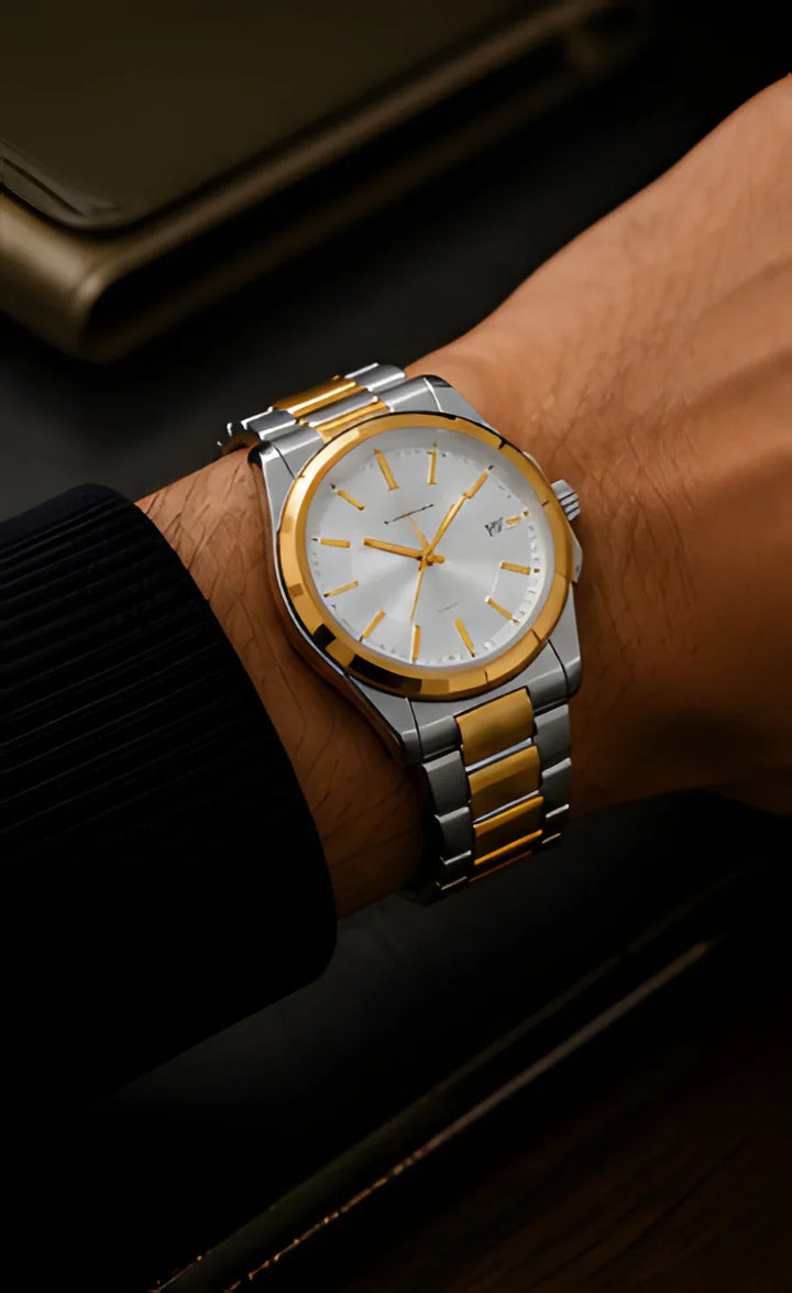 Signature watch, two-tone stainless steel and gold, minimal style, silver dial, men's jewelry