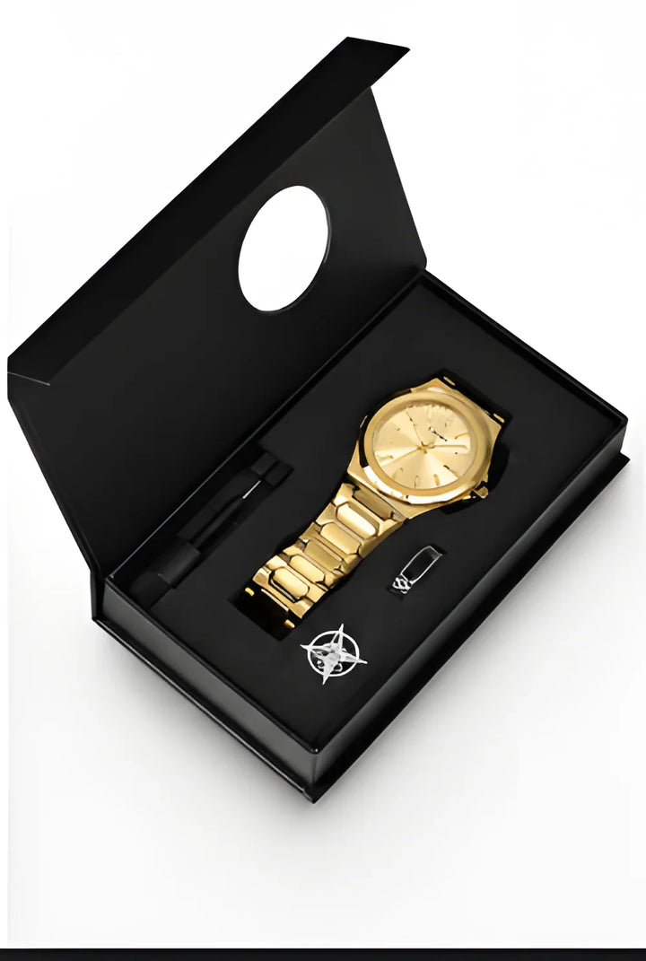 Signature gold metal watch with minimalist style and matching gold bracelet in black gift box