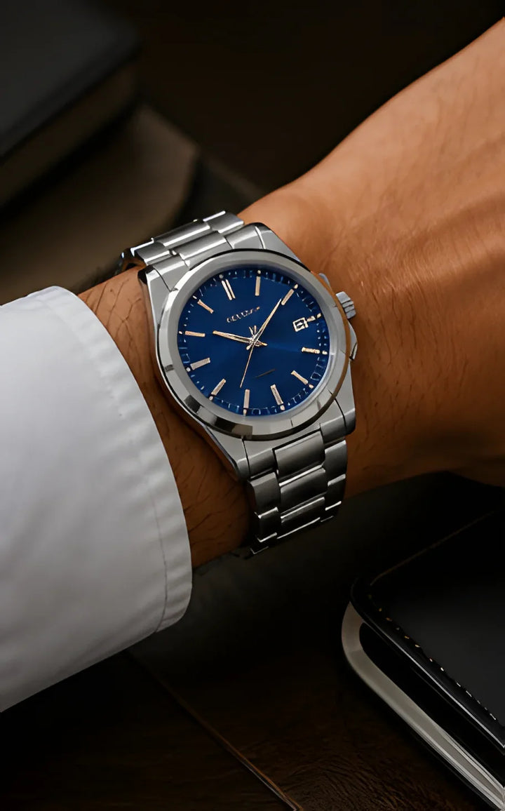Signature watch, stainless steel, silver band, blue dial, minimal modern style jewelry