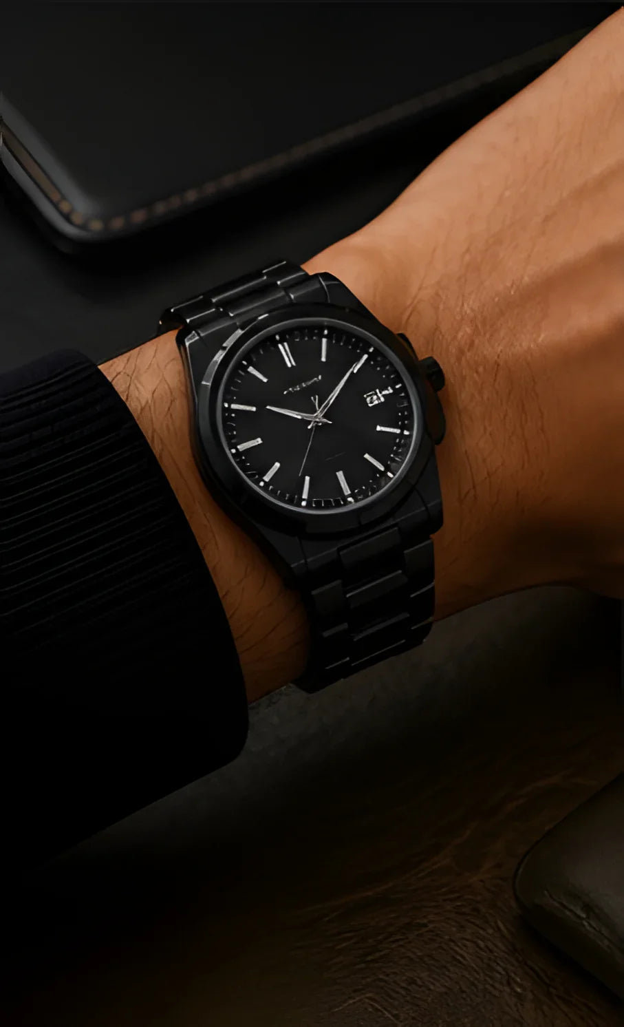 Signature watch, black stainless steel, minimal design, modern jewelry accessory on wrist