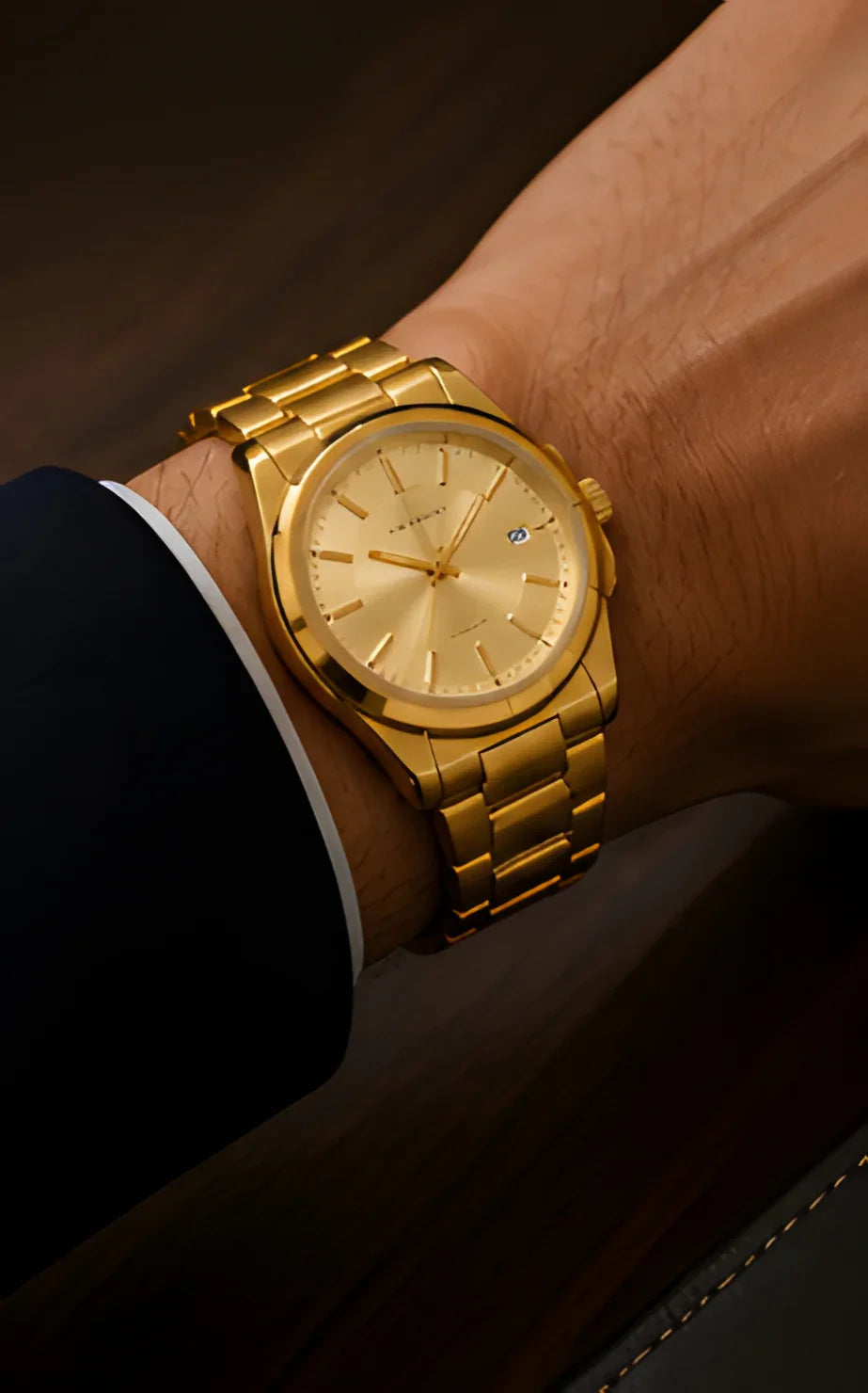 Signature gold stainless steel minimalist men's watch with date display on wrist