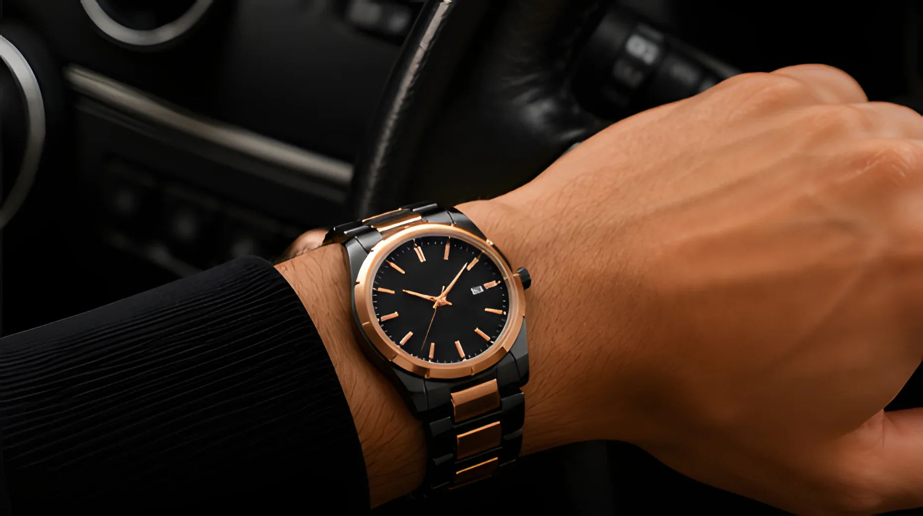 Signature men's watch, two-tone black and rose gold stainless steel, minimal modern style
