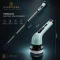 GlowClean cordless electric spin scrubber in light blue with an adjustable handle and scrubbing brush head.