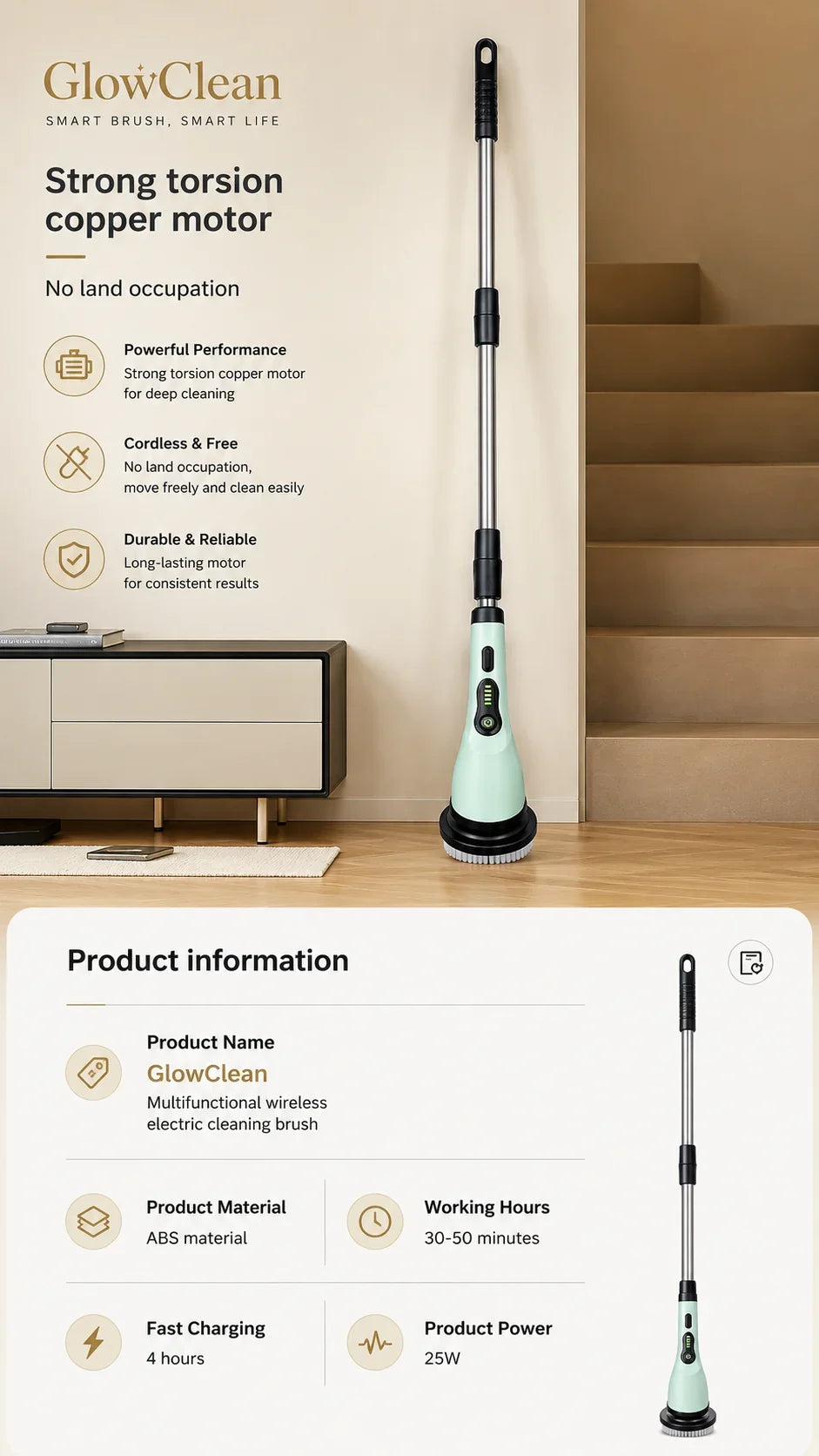 GlowClean cordless electric cleaning brush in mint green with long handle for home cleaning.