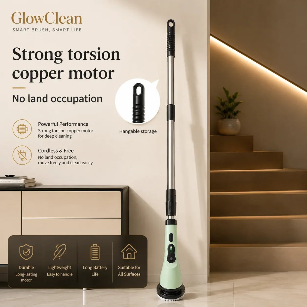 GlowClean cordless electric spin scrubber with a long handle and light green cleaning head.