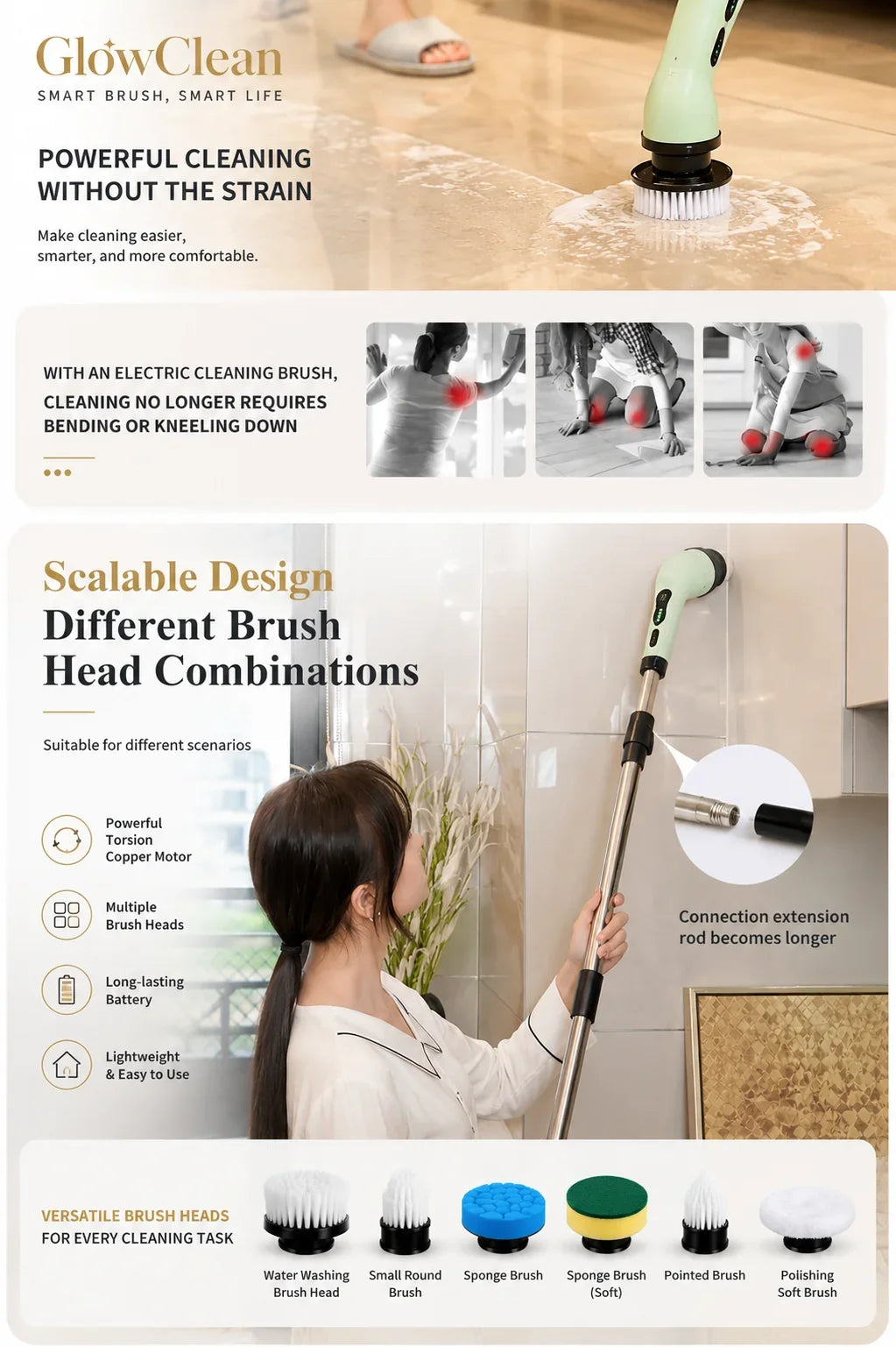 GlowClean electric cleaning brush with adjustable extension rod and multiple interchangeable brush head options.