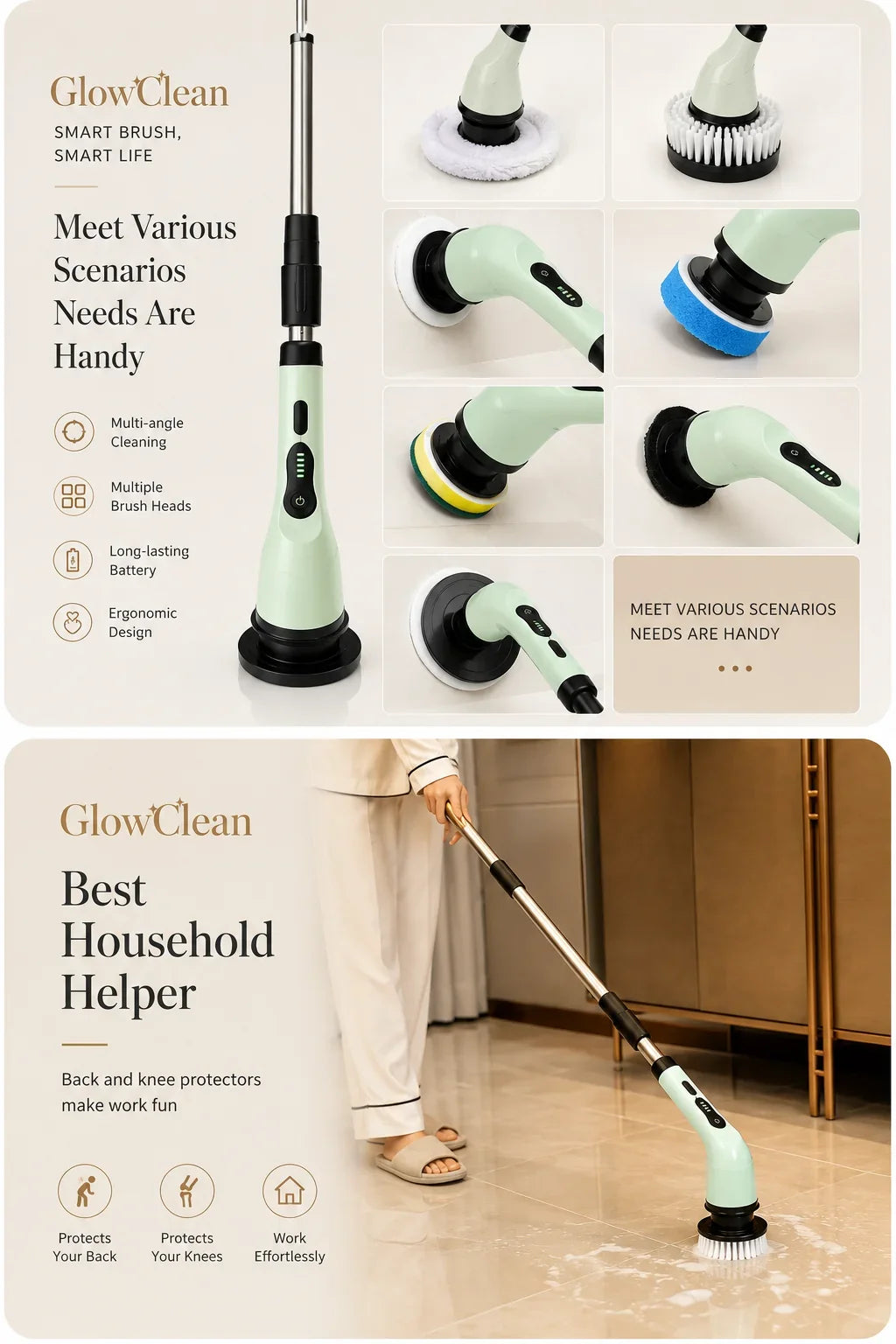 GlowClean mint green electric spin scrubber with interchangeable brush heads for versatile home cleaning.