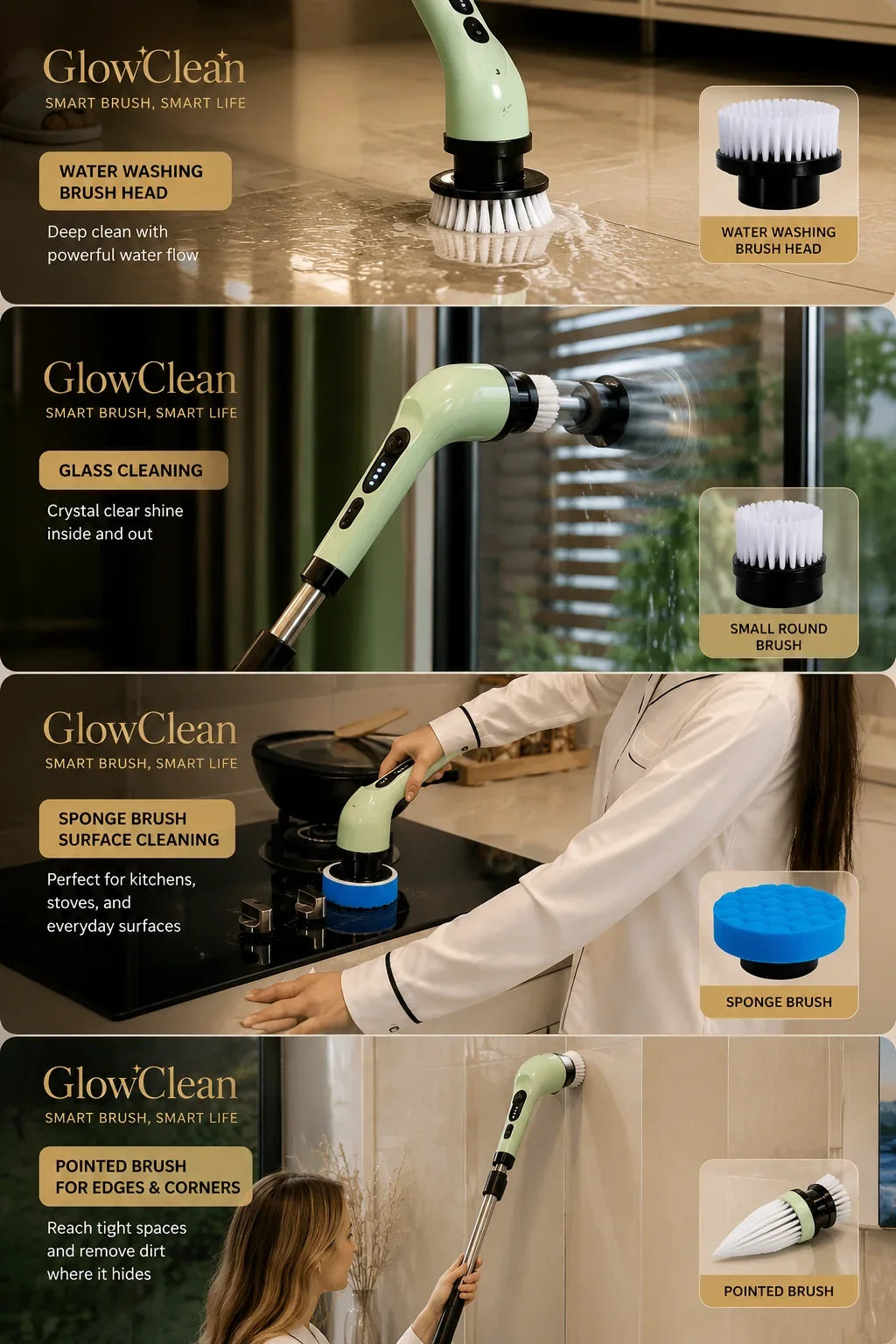 GlowClean electric cleaning brush in mint green with interchangeable brush heads for various home surfaces.