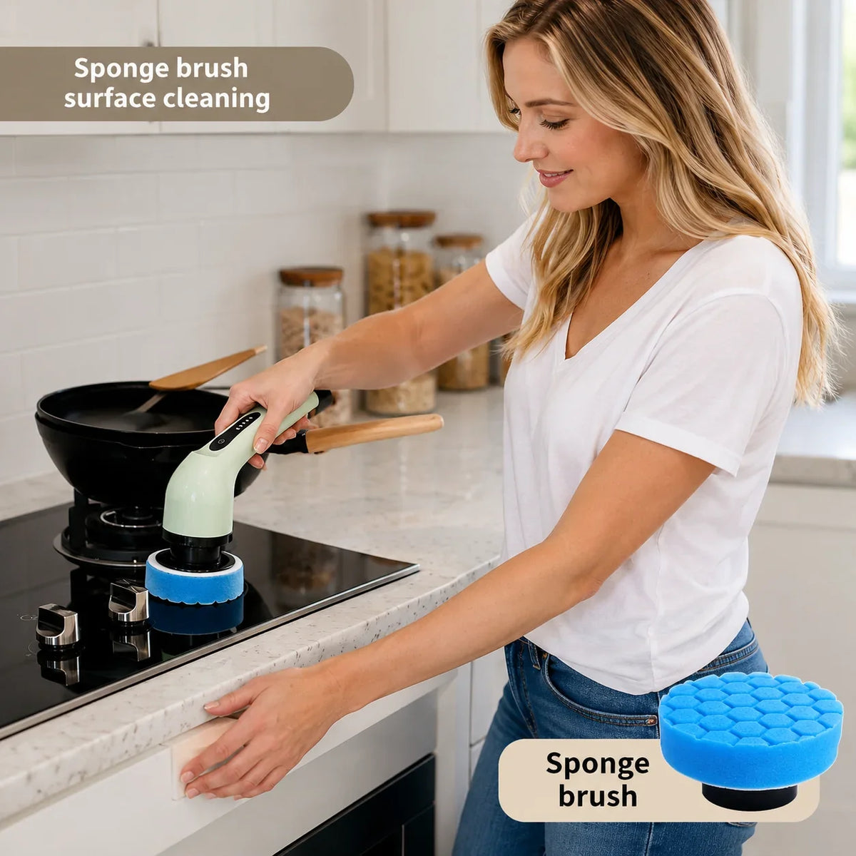 Woman using a light green and blue electric sponge brush to clean a black glass cooktop.