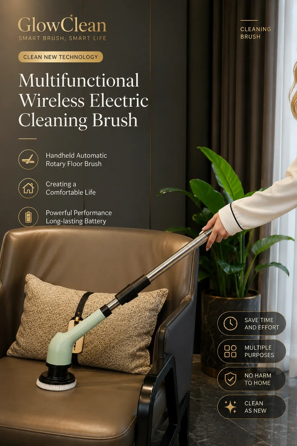 A person using a mint green GlowClean handheld wireless electric cleaning brush on a leather armchair.