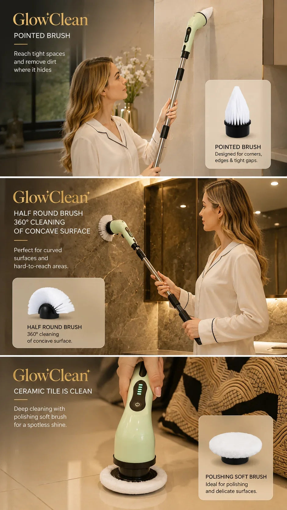 GlowClean electric cleaning brush set with pointed, half-round, and polishing heads for home surfaces.
